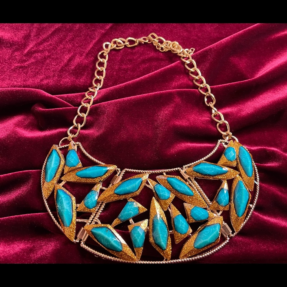 Turquoise and gold statement bib necklace